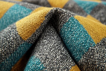 Poster - Textured fabric with geometric patterns in shades of teal, gray, and gold displayed for close examination in indoor lighting