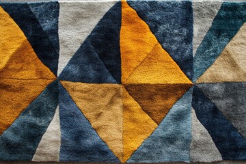 Poster - Colorful geometric rug with textured patterns in shades of blue, yellow, and brown designed for modern decor