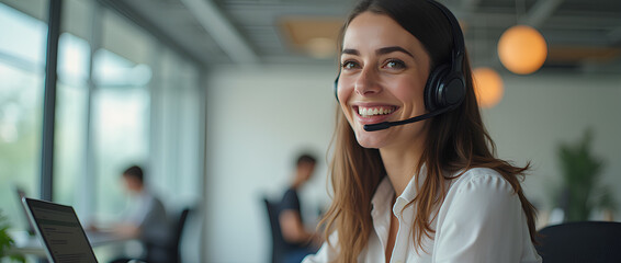 Wall Mural - Smiling happy call center agent wearing headset talking to client, contract service telemarketing operator using laptop having conversation working in customer tech assistance support office