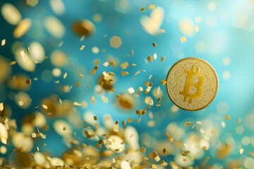 Poster - Golden bitcoin celebrating success with falling confetti on a blue background