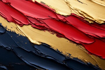 Aufkleber - Artwork showcasing textured layers of red, gold, and blue paint on canvas with vivid strokes and rich colors