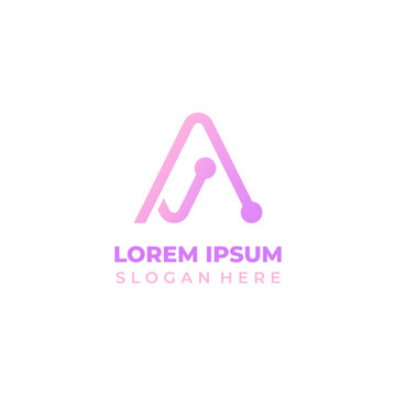 Vector technology logo with initial letter a, lineart style in purple and pink. Letter a icon
