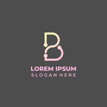 Vector technology logo with initial letter b, lineart style in yellow and pink. Letter b icon