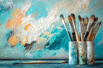 Aufkleber - Brushes arranged in jars with colorful abstract painting in background