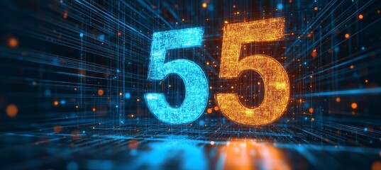 Futuristic Technology Concept Glowing Number Fifty-Five On Abstract Digital Background