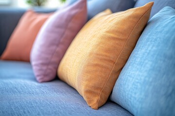 Aufkleber - Colorful pillows on a modern sofa create a cozy and inviting living room atmosphere