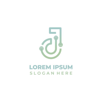 Vector technology logo with initial letter j, lineart style, pastel blue gradient to mint. Letter j icon