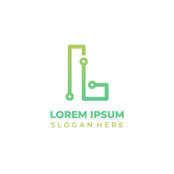 Vector technology logo with the initial L, lineart style in mint and yellow colors. Letter L icon