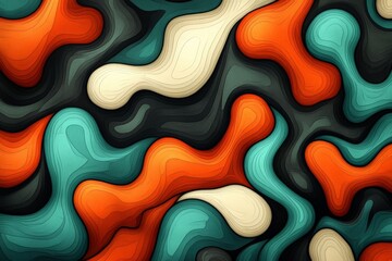Poster - Colorful abstract design featuring flowing shapes in orange, turquoise, and cream tones on a dark background