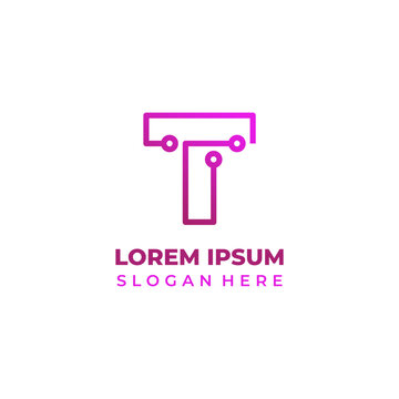 Vector technology logo with the initial T, line art style in red and pink. Letter T icon