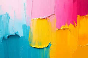 Poster - Bright abstract painting showcasing vibrant colors with blue, pink, yellow, and orange textures created with thick brush strokes