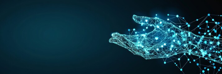 Poster - digital hand interacting with glowing interconnected dots network on a dark blue background