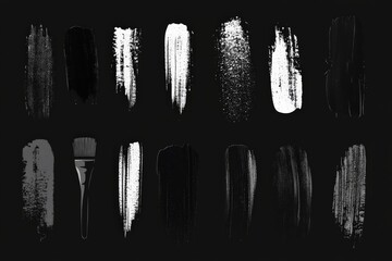 Poster - Exploring various brush strokes in black and white paint on a dark background for artistic expression and design projects