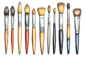 Poster - Artistic collection of paintbrushes in various sizes and shapes for different painting techniques displayed on a white background