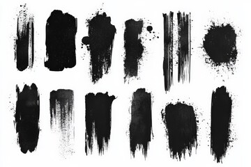 Aufkleber - Black brush strokes on white background showcasing various textures and styles for artistic projects