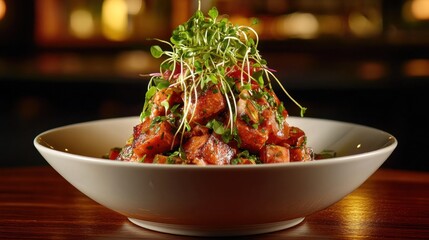 Delicious bowl of spicy vegetable salad with fresh microgreens