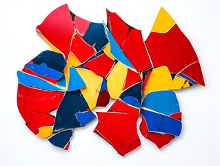 Wall Mural - Bold digital composition with fragmented shapes in vivid red, blue, and yellow tones on white