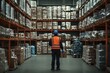 © kucret - Warehouse worker checks inventory, aisle full of boxes, logistics, distribution