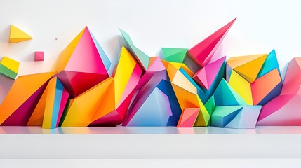 Wall Mural - Bold modern design with colorful polygonal shapes creating depth on a white minimalist background