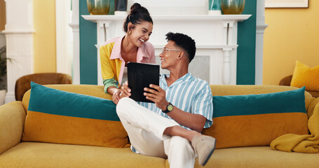 Wall Mural - Home, couple and laughing with tablet, online and notification for release of series, smile and lounge. House, browsing and entertainment for people with app, bonding and subscription for movies