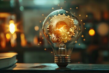 Poster - Golden gears rotating inside a light bulb, symbolizing innovation, creativity, and new ideas
