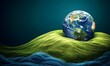 © Azril - Earth resting on green hill, blue net, dark background, environmental concept