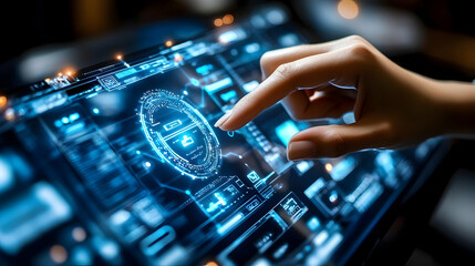 Poster - Woman uses futuristic tablet, digital interface, dark background, technology