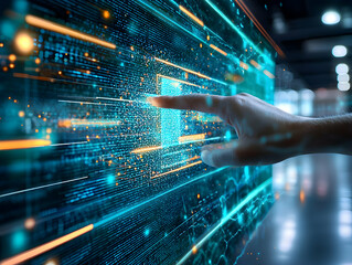 Poster - Hand interacts with digital data; futuristic tech
