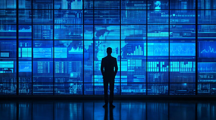 Poster - Man reviews global data wall