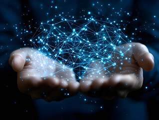 Poster - Hands holding digital network, glowing nodes