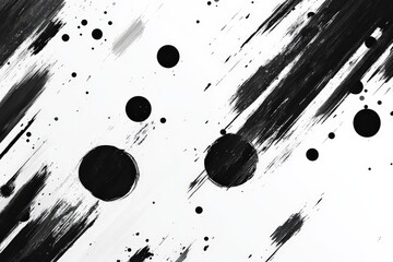 Poster - Abstract black and white composition with circles and brush strokes in a dynamic arrangement