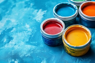 Aufkleber - Brightly colored paint cans arranged on a textured blue surface for an artistic project