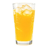 Refreshing glass of carbonated orange juice with bubbles and condensation on transparent background
