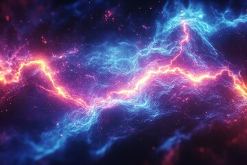 Poster - Colorful cosmic energy flashes across the night sky, showcasing vibrant hues of blue and orange in an electrifying display