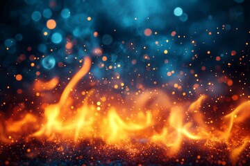 Aufkleber - Dynamic flames dance against a backdrop of blue bokeh lights and vibrant sparks creating an intense visual display