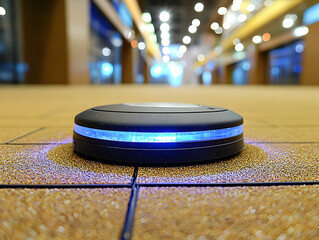 Poster - Blue-lit floor robot in shopping mall