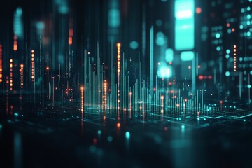 Aufkleber - Digital landscape with glowing data visualizations representing technological trends and advancements in an urban setting