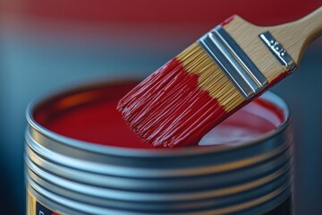 Poster - Brush dipped in vibrant red paint ready for creative project in artistic space