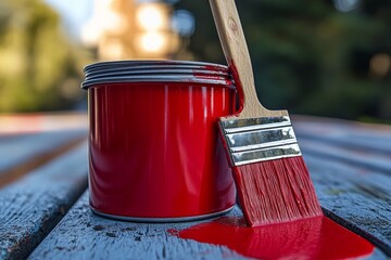 Poster - Vivid red paint and brush on a weathered wooden surface during a sunny afternoon in an outdoor workspace
