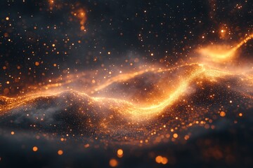 Poster - Captivating golden particles swirl in an ethereal cosmic landscape at twilight