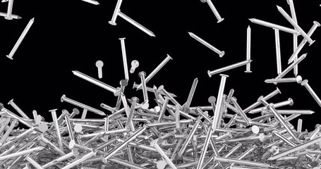 Poster - Steel nails, metal nails falling and fill the screen. 3D animation on transparent background