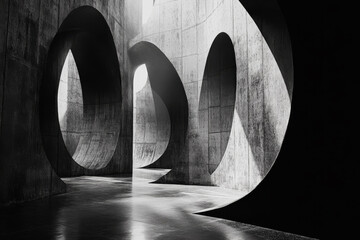 Wall Mural - Abstract grayscale image of a modern concrete structure with curving walls and circular openings, bathed in soft light. The interplay of light and shadow creates a dramatic and intriguing atmosphere.