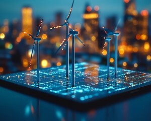 Poster - Miniature wind turbines displayed on a digital tablet, symbolizing corporate responsibility and ESG reporting, with a modern tech design and green energy focus