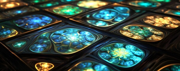 Sticker - Intricate fractal design with glowing abstract patterns in shades of blue, green, and gold
