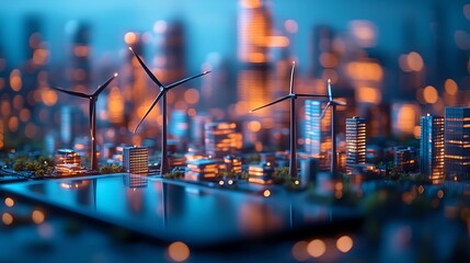Aufkleber - Miniature wind turbines on a digital tablet, symbolizing the integration of corporate responsibility, ESG reporting, and sustainable energy practices in business