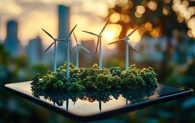 Aufkleber - Miniature wind turbines on a digital tablet, symbolizing the integration of corporate responsibility, ESG reporting, and sustainable energy practices in business