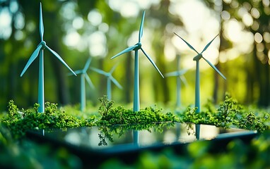 Aufkleber - Miniature wind turbines on a digital tablet, symbolizing the integration of corporate responsibility, ESG reporting, and sustainable energy practices in business
