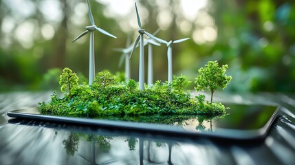 Aufkleber - A digital tablet displaying miniature wind turbines, symbolizing corporate responsibility and ESG reporting, with vibrant green energy themes and ecoconscious design