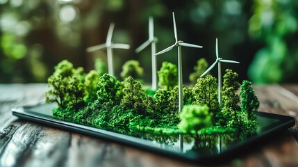 Aufkleber - A digital tablet displaying miniature wind turbines, symbolizing corporate responsibility and ESG reporting, with vibrant green energy themes and ecoconscious design