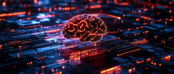 Poster - A futuristic concept of big data and artificial intelligence, with a glowing human brain inside a processor, representing the technological evolution of data and intelligence